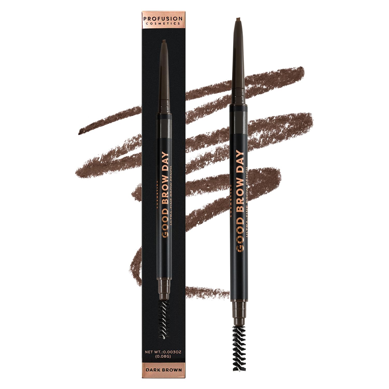 Profusion Cosmetics Dual-Ended Ultra-Fine Eyebrow Pencil -Good Brow Day Long-Wearing Brow Definer with Spoolie Brush for Blonde, Brown & Black Hair, Instant Brow Fixing Beauty Tool, Dark Brown