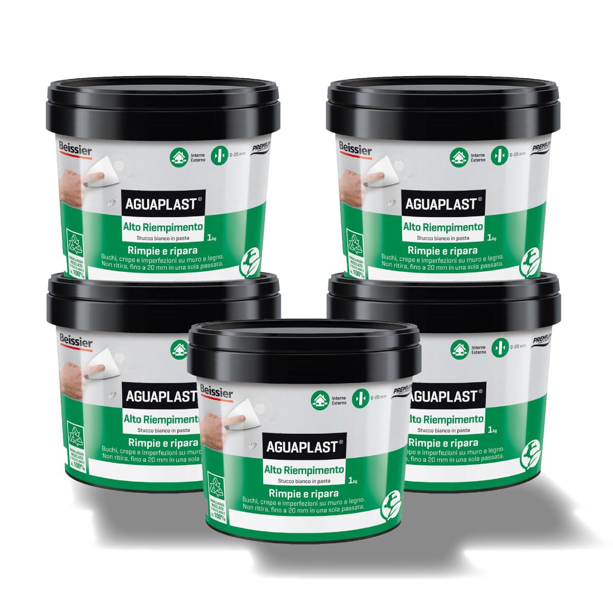 Stucco in Pasta Alto Riempimento, stucco alti riempimenti su muro e legno, rinforzato con fibre, riempie fino a 2cm senza ritiri - 5 confezioni da 1kg