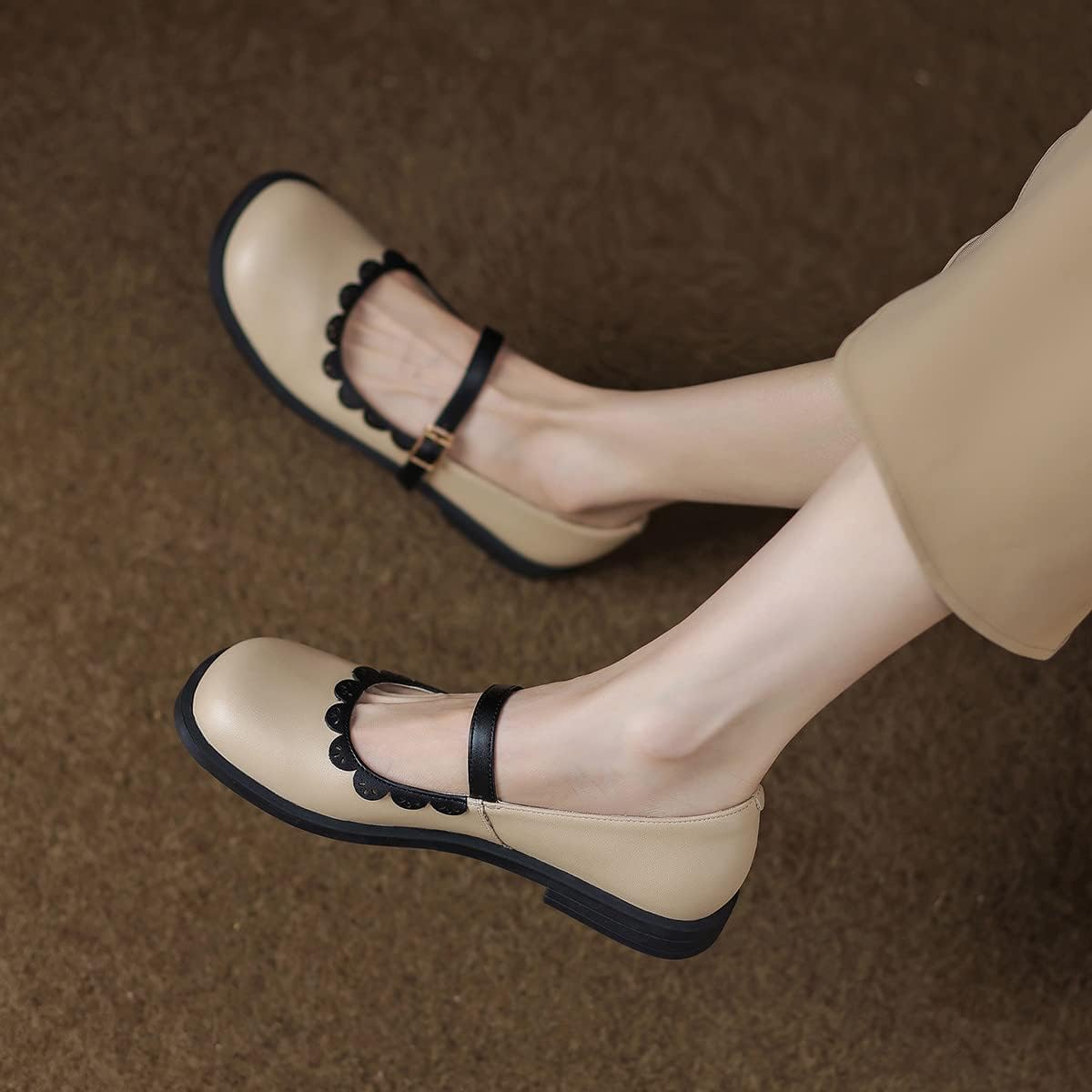 FYS Women Retro Carved Flats Low Heel Mary Janes Closed Round Toe Cute Dress Buckled Splicing Work Office Shoes Size 4-15 US