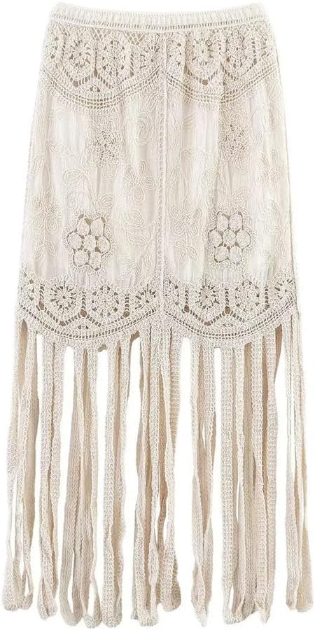Women's Elegant Skirt Set Embroidered V-Neck Top Tassel Skirt