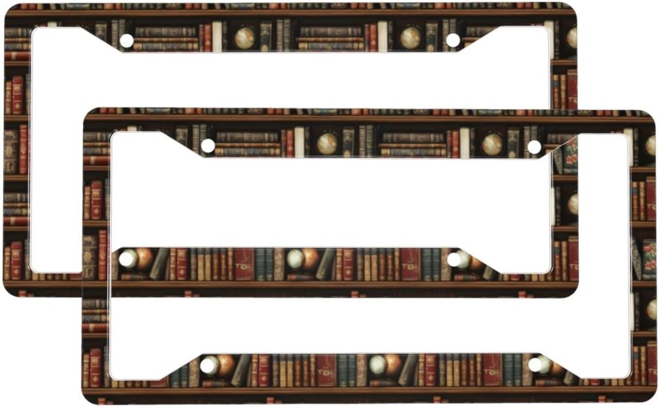 2 Pcs Car License Plate Frames for Women Men – Vintage Bookshelves Print Aluminum Solid License Plate Cover for Car Accessories for Women Men with
