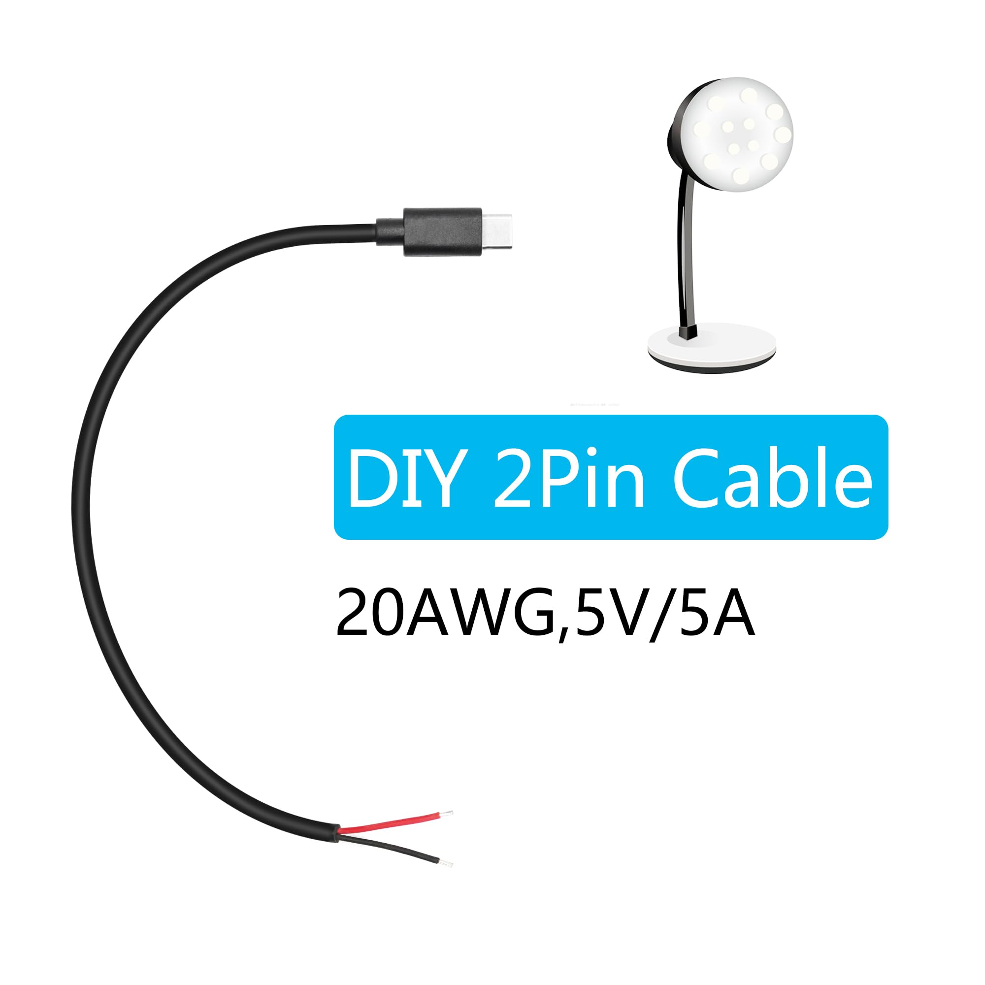 Cavo di alimentazione da USB C a 2 pin con estremità aperta, 27,9 cm, 5 V/5 A, USB tipo C maschio, 2 pin, 20 AWG, per apparecchiature USB di tipo C installate o di ricambio per riparazioni fai da te,