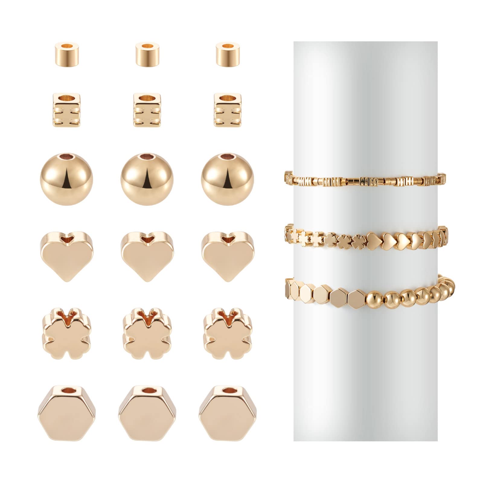 Craftdady 60Pcs 18K Gold Plated Spacers Beads 6 Styles Clover Heart Round Loose Beads Charms For Jewellery Making Necklace Bracelet Earrings Crafting