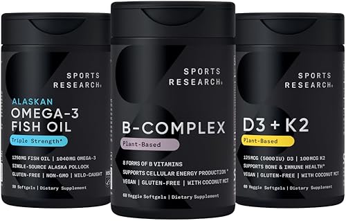 Sports Research® Vitamin B-Complex - Full Spectrum of B Vitamins (Plant-Based Vegan-Friendly), Triple Strength Omega 3 Fish Oil & Plant Based Vitamin K2 MK7 + Vegan D3 5000iu