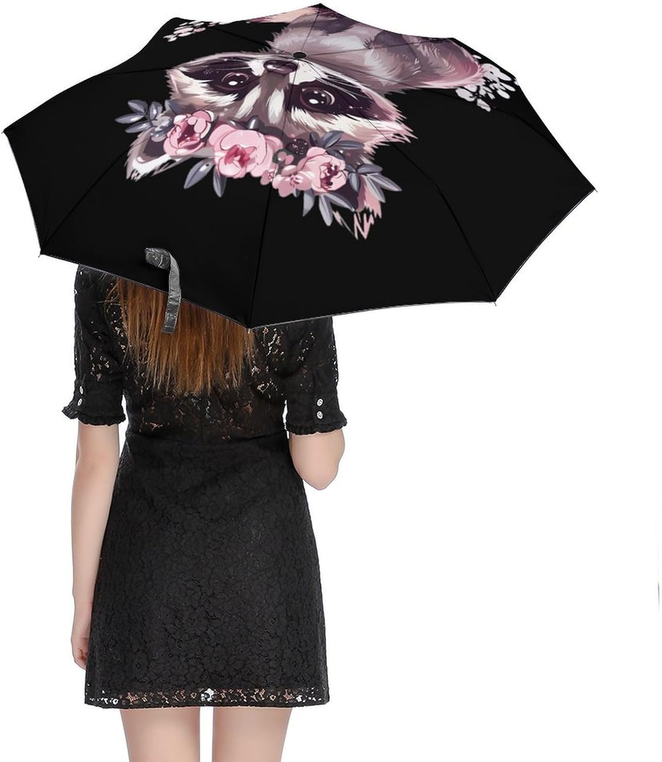 Cute Raccoon with Flower Portable Funny Umbrella For UV Rain Windproof Folding Umbrellas