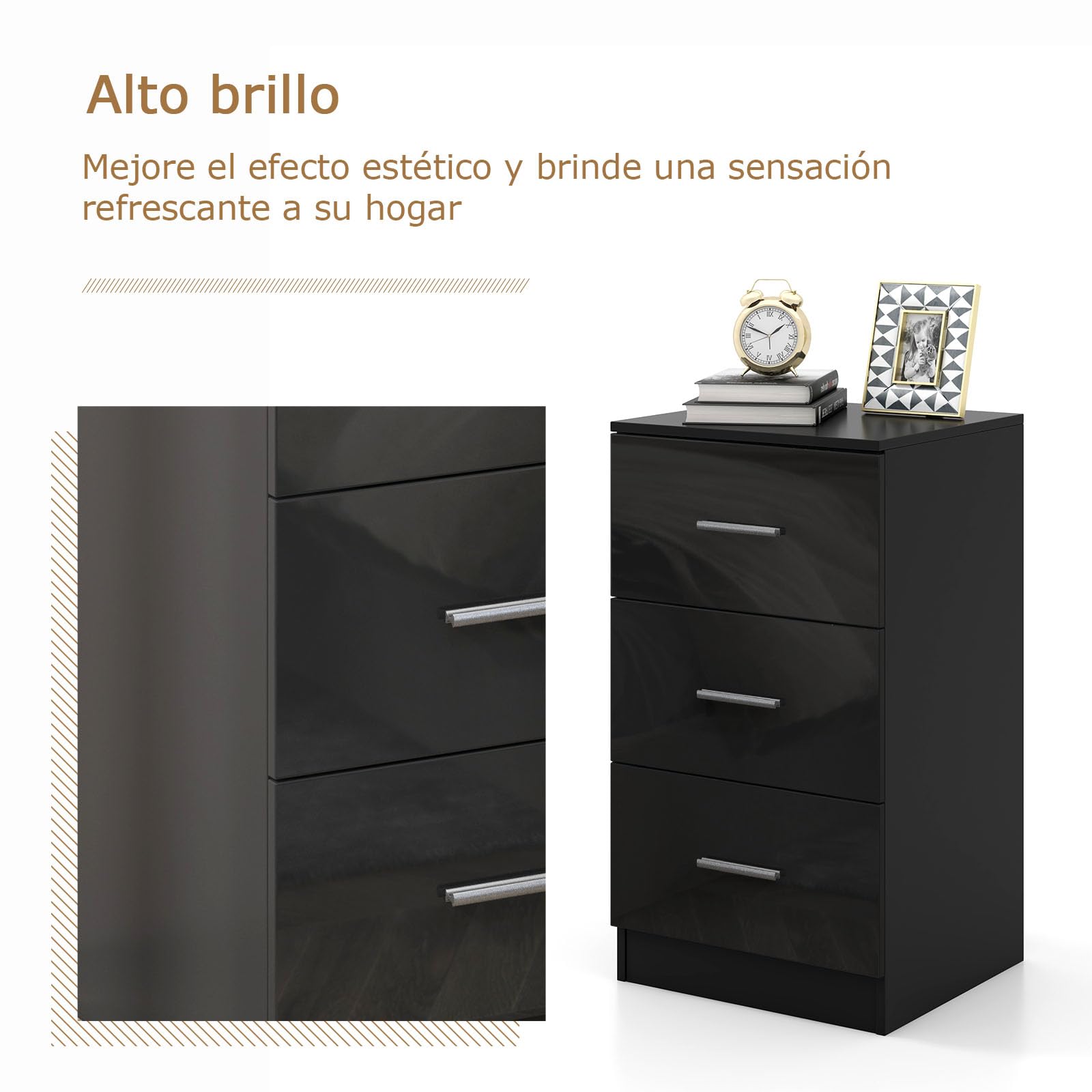 COSTWAY 1 Mesita de Noche con 3 Cajones, Mesilla de Noche de Madera, Archivador con Cajones, Salon Dormitorio Oficina, 37 x 34 x 66,5 cm, Negro