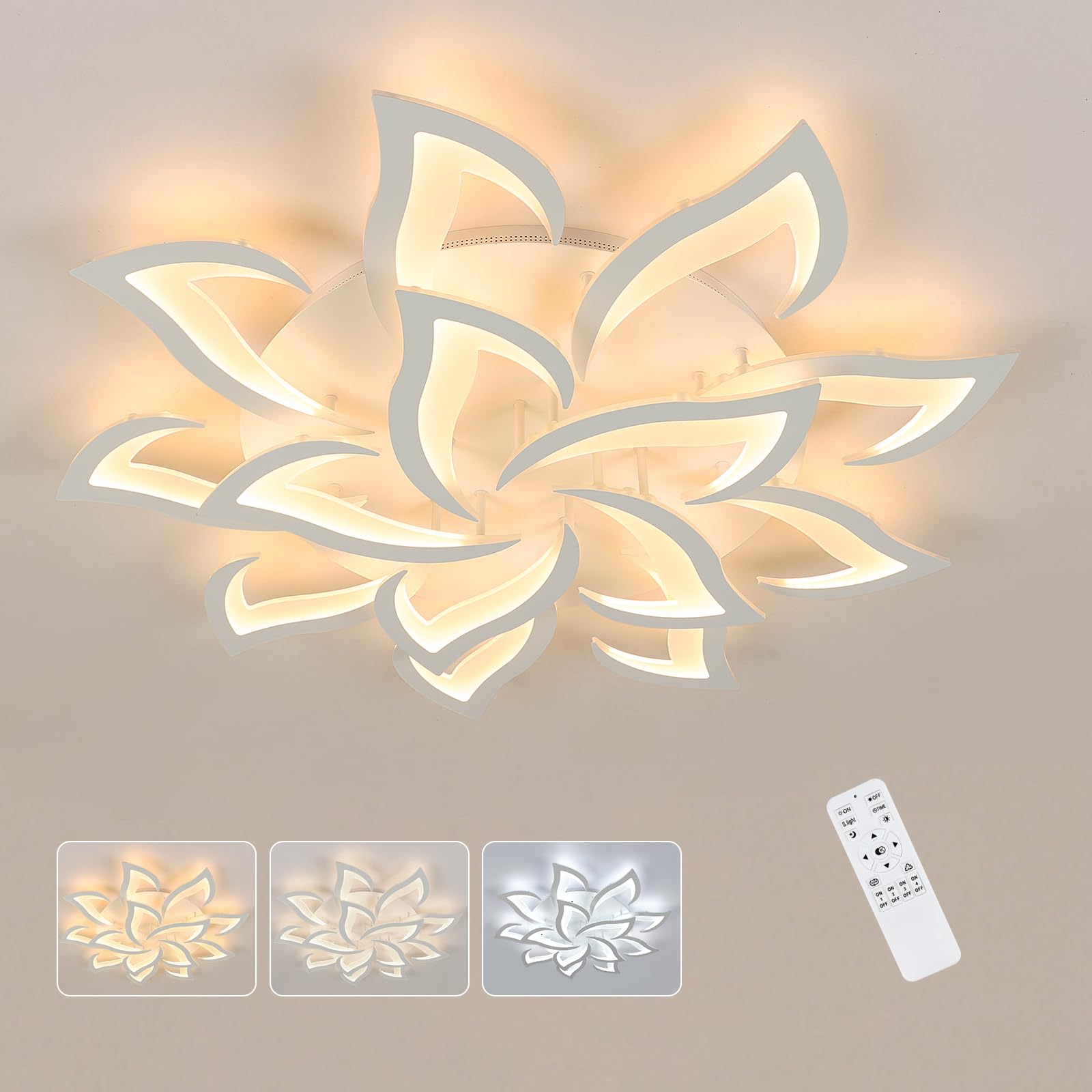 Goeco Lamparas de Techo LED Regulable, 84W Ø 96 CM Plafon LED Techo Forma de Floral con Mando a Distancia 3000K-6500K 14 Pétalos Lámpara de Araña Para Salon Dormitorio, Blanco
