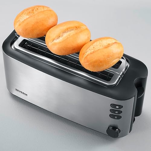 Foto von Severin Doppel-Langschlitztoaster mit eingebautem Brötchen-Aufsatz, für 4 Brotscheiben, Brotscheibenzentrierung, Aufwärm- und Defroster-Stufe, Edelstahl gebürstet, schwarz, 1.400 W, AT 2509