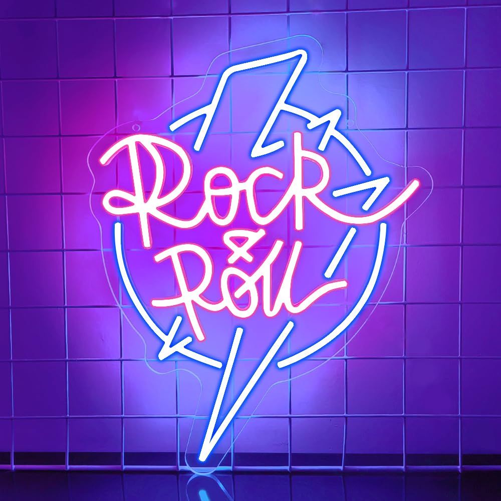Rock and Roll Neon Sign, Musical Neon LED for Live Music Concerts Bare Bedrooms Parties, Lightning Colorful LED Sign Gifts for Teenage Musicians USB Powered (14.6"*11.6")