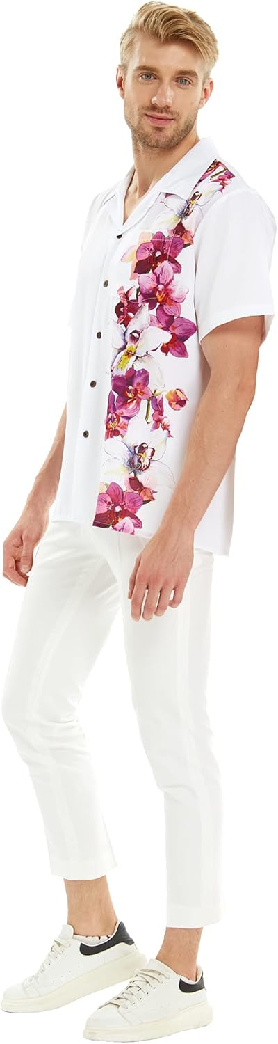 Matchable Couple Hawaiian Luau Shirt Matching Round Neck Dressor Round Neck Dress in Watercolor Orchid