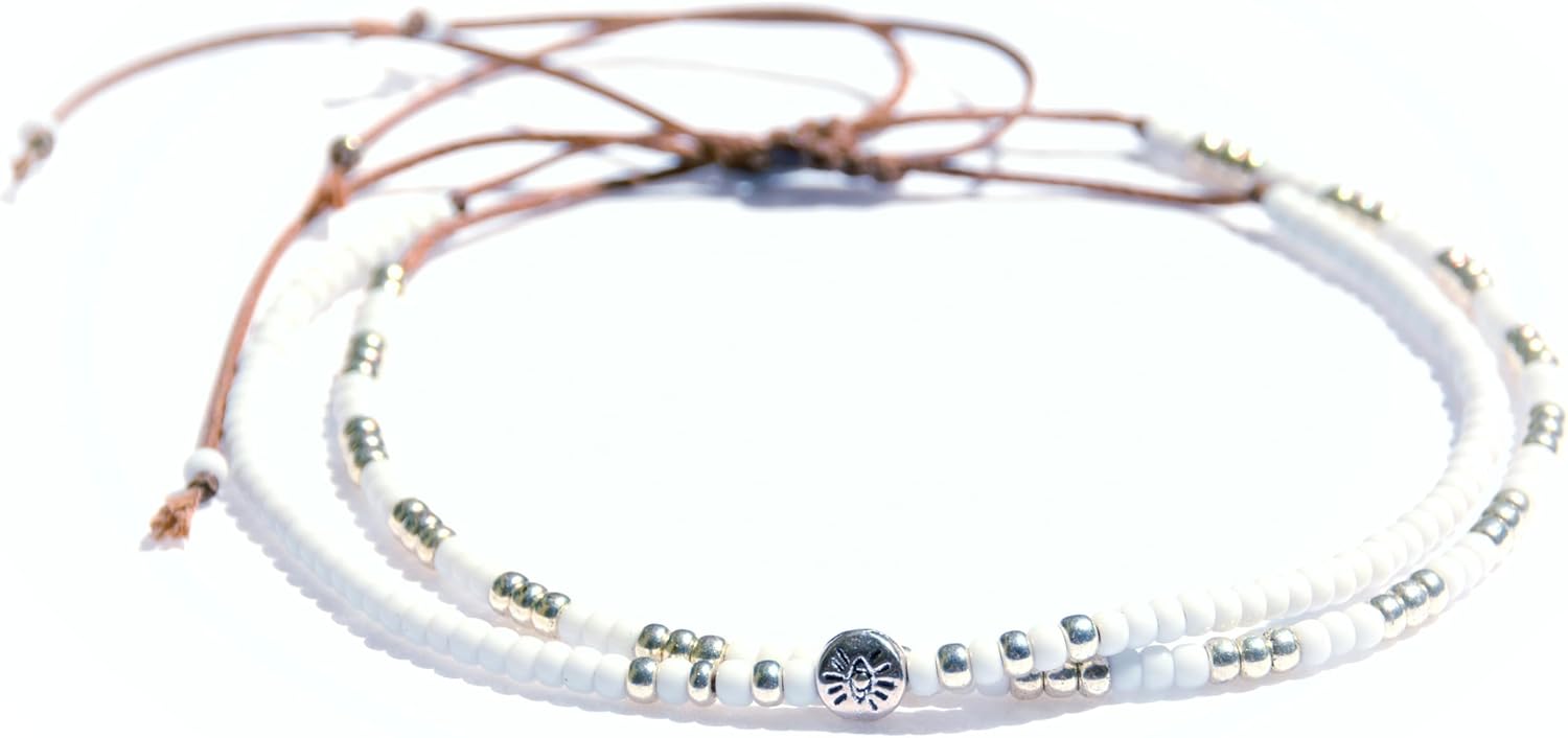 Beaded Anklet for Women, Boho Native American Style, Unique White & Silver Hippie Beach Waterproof Anklet, Handmade by Tribes - Image 3