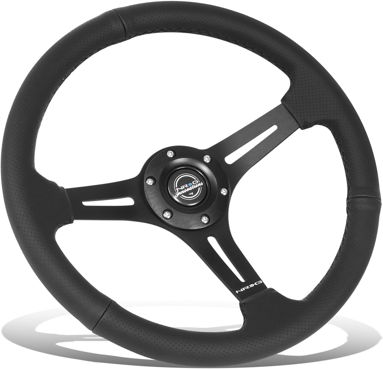 NRG Innovations NRG-RST-030PR-BK Reinforced Steering Wheel - 350mm Sport Steering Wheel (2.5" Deep) - matte black spoke/Black Leather with Slits