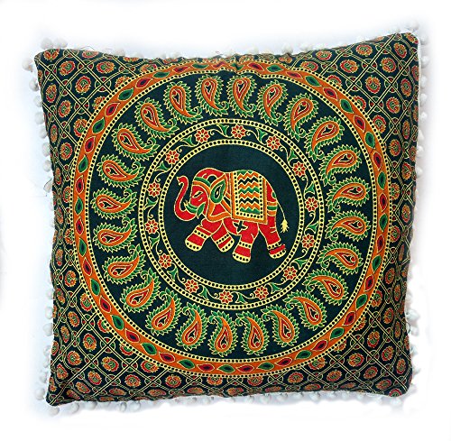 Rastogi Handicrafts White Color Pom Pom Cushion Cover Pillow Cases Sofa Case Cover Single Hand Bolck Printed Elephant Mandala Design 16