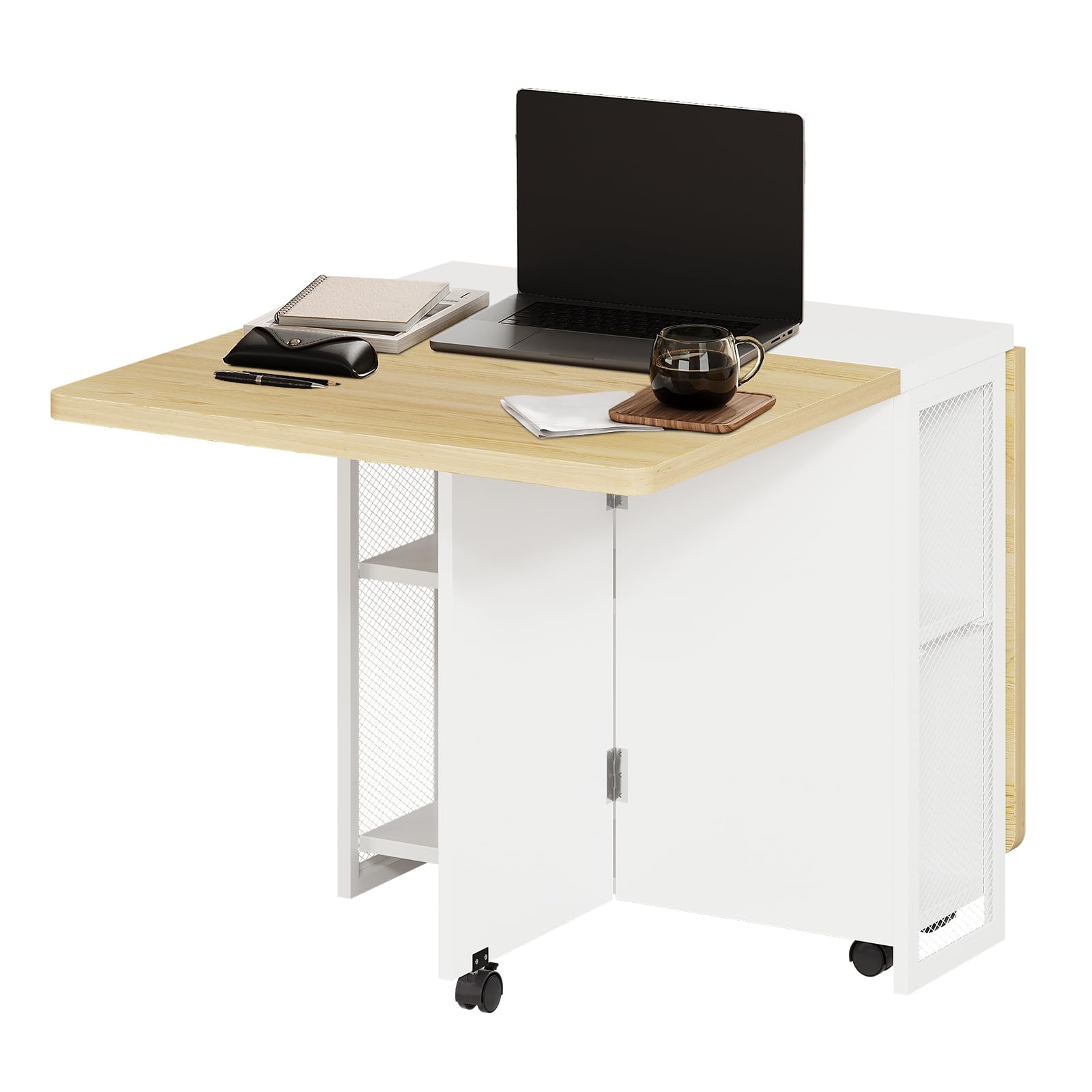 IDEALHOUSE FoldingTable, Drop Leaf Dining Table with 6 Wheels and 2-Layer Storage Shelf, Space Saving Table for Small Spaces (Pear Wood Color and