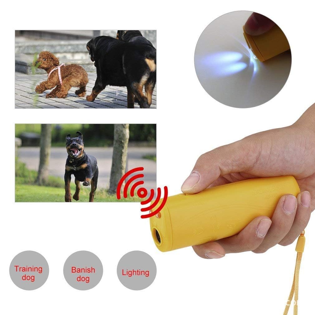 Ketsicart Handheld Dog Repellent Trainer,Ultrasonic Dog Deterrent and Bark Stopper Dog Trainer Devices, 3 in 1 Anti Barking Device with LED Flashlight - Training Tool/Stop Barking (Yellow) 1