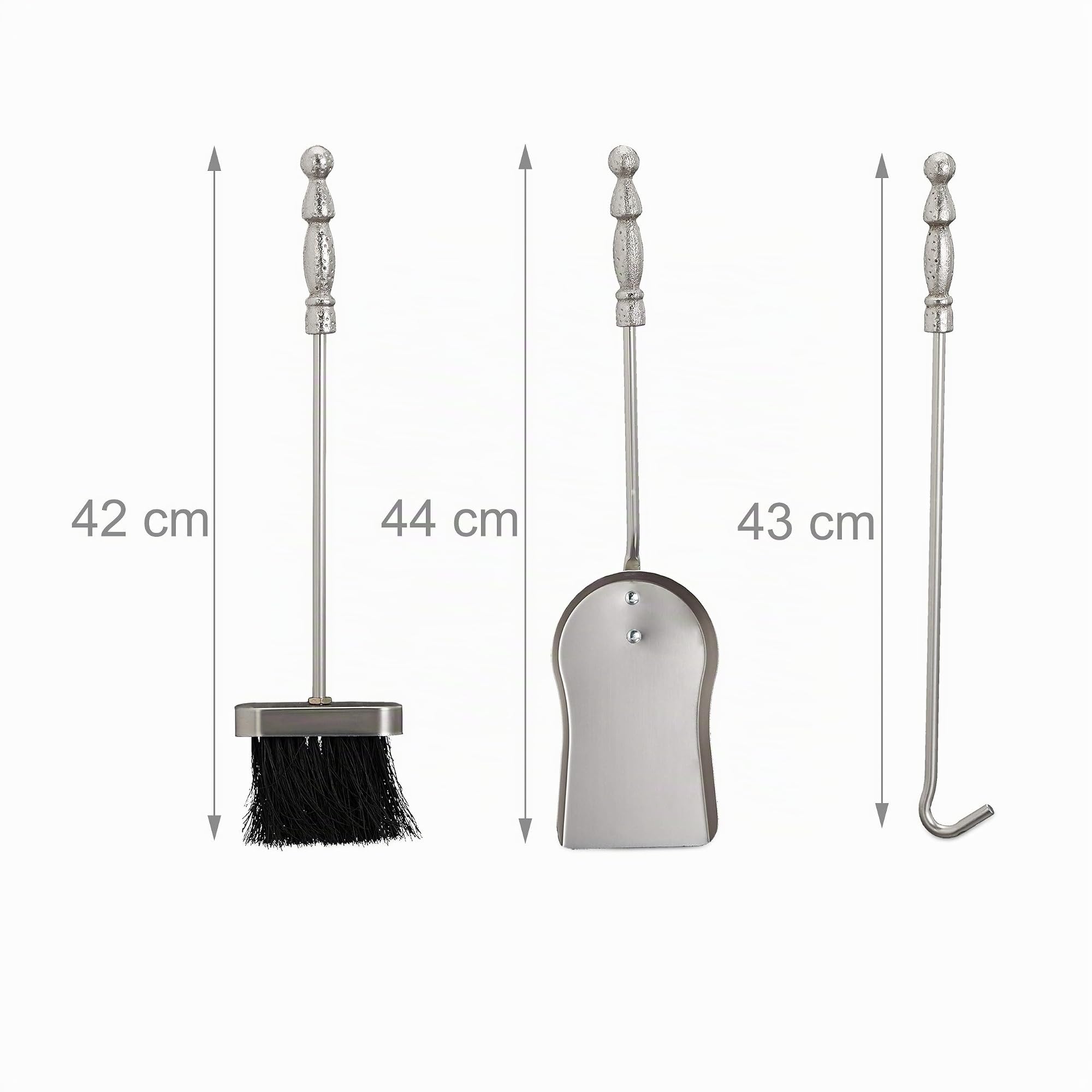 Relaxdays Ensemble serviteur de cheminée 4 pièces Accessoire Chevalier Fonte Pelle Balai tisonnier, argenté