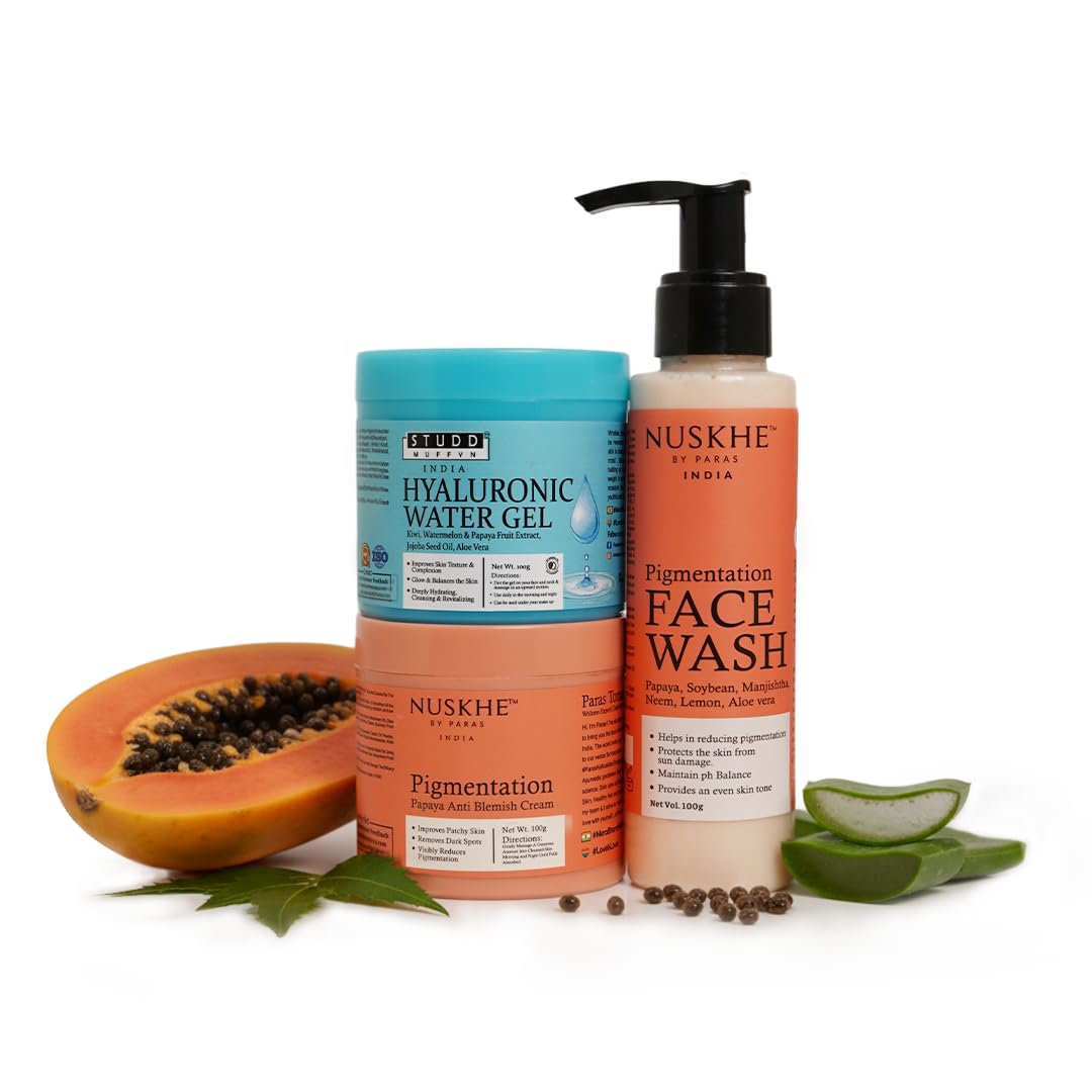 Nuskhe By Paras | Day & Night Pigmentation Care Trio | Papaya Pigmentation Facewash + Hyaluronic Water Face Gel (AM) + Papaya Pigmentation Cream (PM) | Dark Spots, Blemishes & Uneven Skin Tone Care | Skin care kit For Men & Women