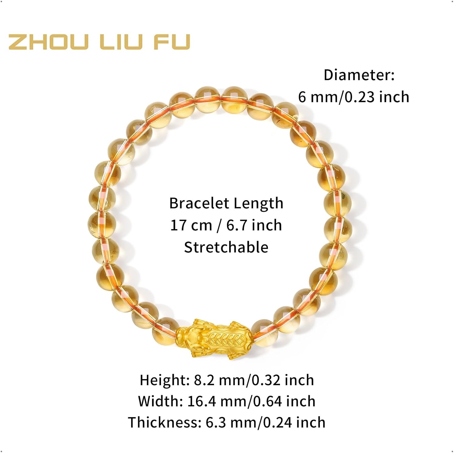 24K Solid Gold Bracelets Real Gold Pixiu Charm Bracelet Healing Citrine Stretch Beaded Bracelet for Women Mom Daughter Birthday Anniversary - Image 2