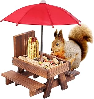Wooden Squirrel Feeder, with Umbrella, Picnic Table and Squirrel Feeder Corn Cob Pole, for Squirrel and Chipmunk, Gifts for Squirrel Lovers, for Outside Tree (Light Brown)