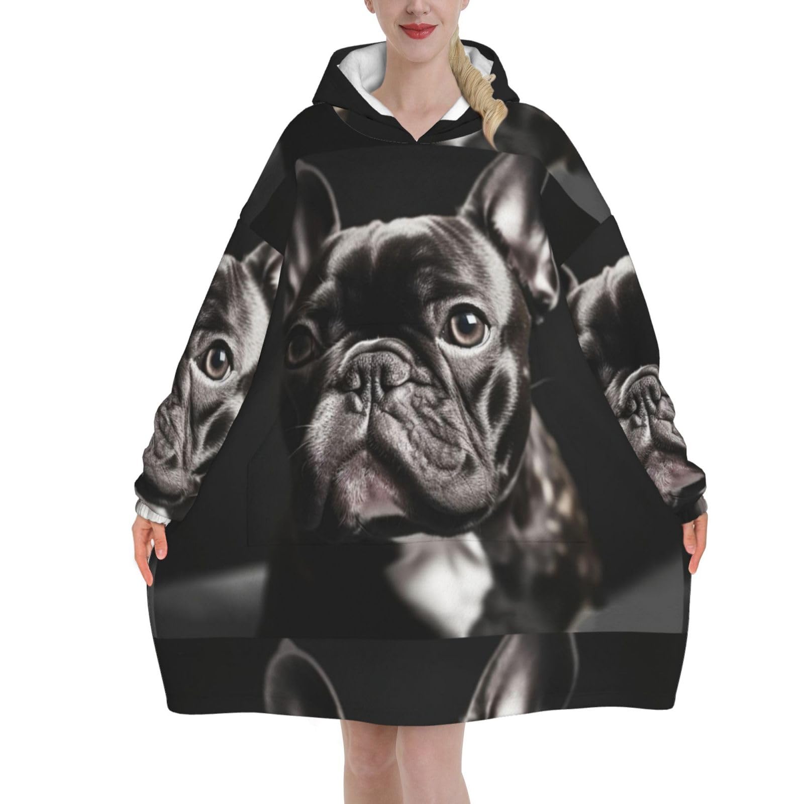 Zouey Unisex As Picture Sweatshirt Blanket,Flannel Pullover Blanket,Women's Wearable Blanket Hoodie, French Bulldog Print