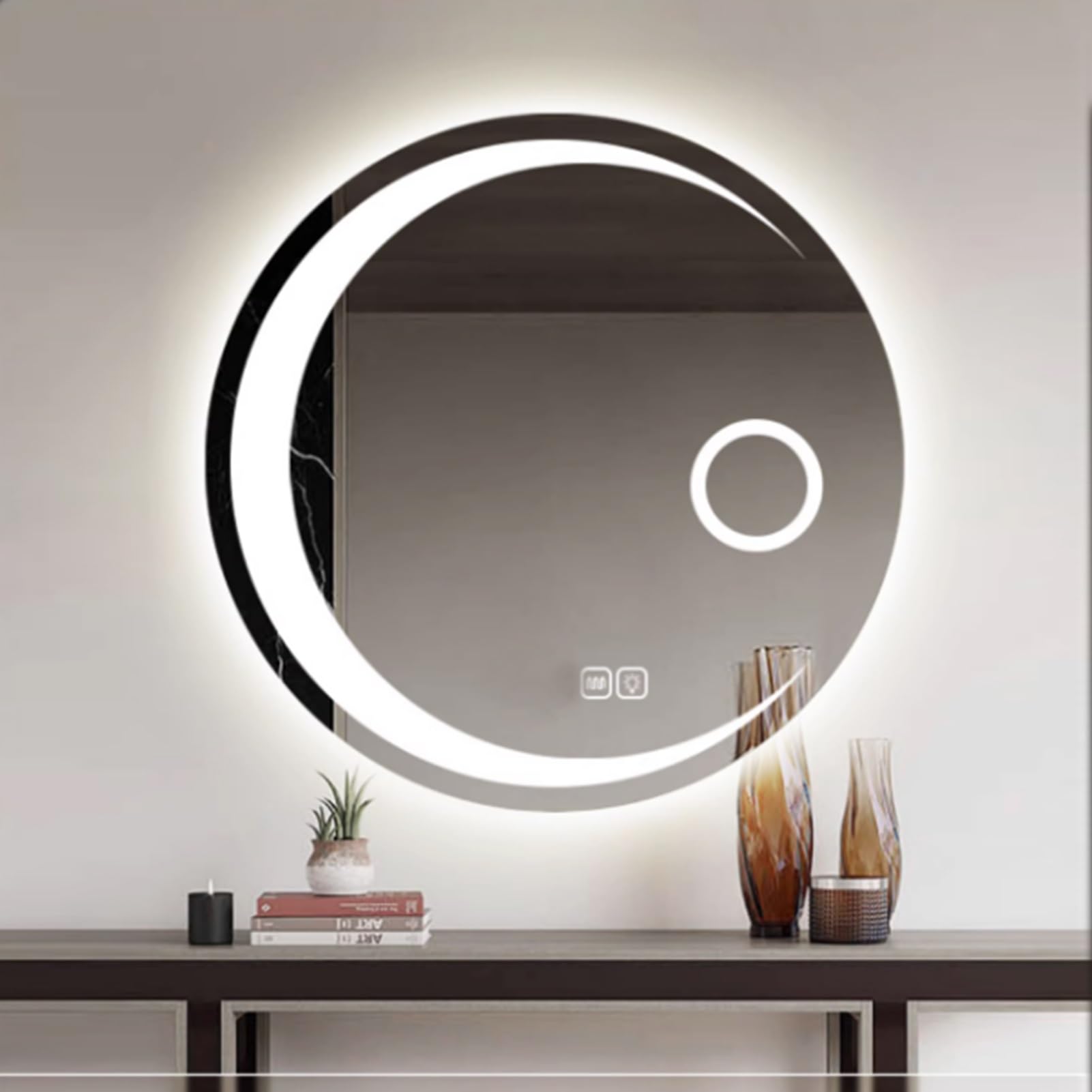 Specchio Espejo de baño redondo con luz LED, espejo cosmético de aumento sin marco, regulable infinitamente, un solo toque, 3 colores de luz, botón táctil doble: perfecto para maquillaje y cuidad