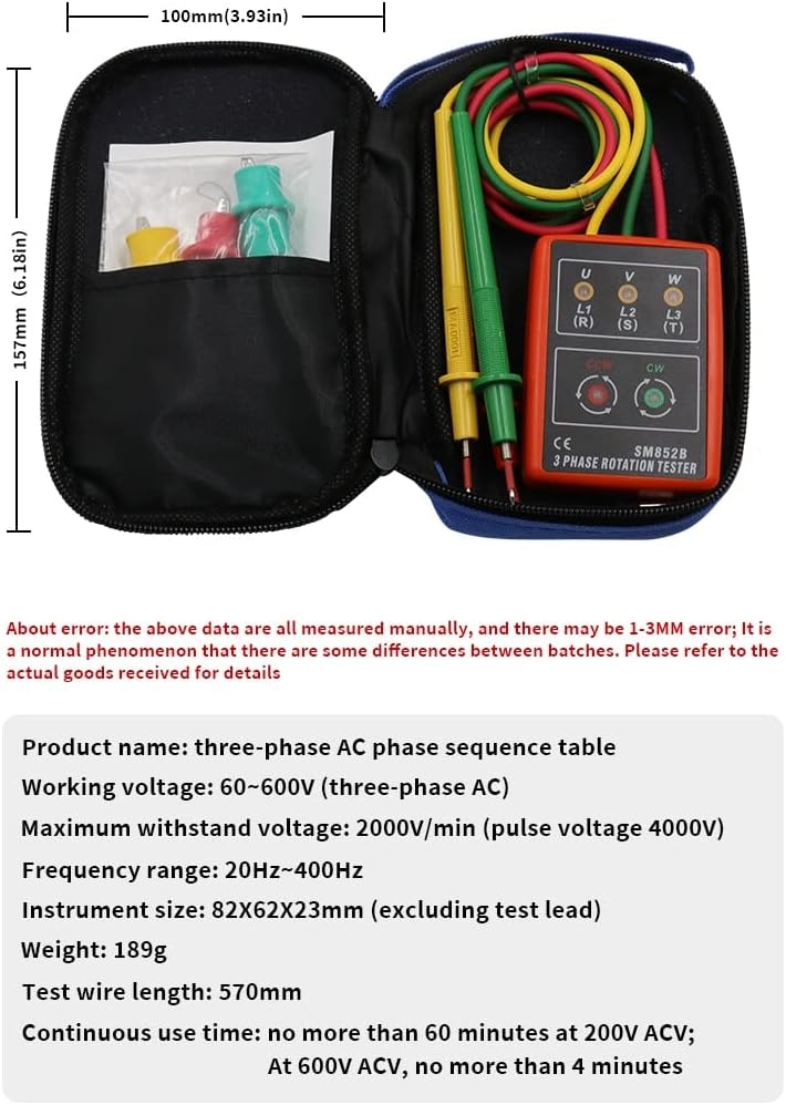 Dimensions of the Jyving SM852B 3-Phase Rotation Tester and its test leads.