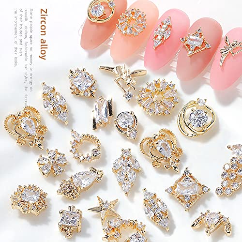 Gold Nail Art Charms Nail Art Metal Luxury White Zircon Rhinestones for Nails Shiny Nail Art Crystal Gems Jewelry Nail Diamond Rhinestone Charms for Girls Woman DIY Nail Art Decoration(22pieces)