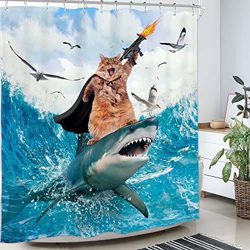Image of Funny Surfing Cat Shower Curtain Riding Shark 60Wx72H Inch Decor | Hilarious Nautical Ocean Waves Seagull Teal Cute Animals Child Kids Boys Waterproof Polyester Fabric Bathroom 12 Hooks
