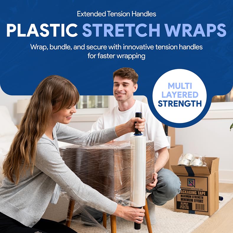 Image of International Plastics Co. 12 Pack 15 inch Plastic Stretch Film Wrap with Extended Tension Handles 1200ft Each 500% Stretch Clear Cling Durable Adhering Packing Moving Heavy Duty Pallet Shrink