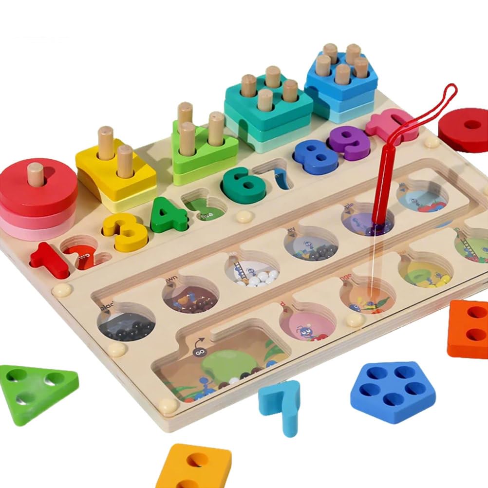 ttnmrc Montessori 4 in 1 Wooden Number Shape Magnetic Maze Board