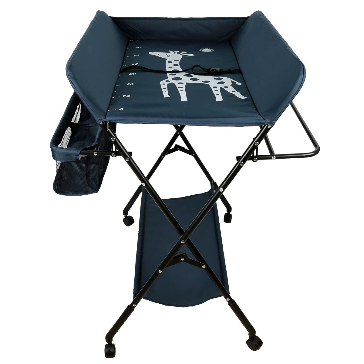 SHISHI Cambiador Bebe Plegable con Estante, Acero y Tela Impermeable, Mueble Cambiador Bebe con Ruedas, Colchon Cambiador Bebe Rigido, Protege la cintura (80×66×(92-98) cm, Azul oscuro-negro A)