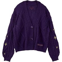 Womens Tar Embroidery Knit Cardigans Y2k Dark Purple Sweaters V Neck Long Sleeve Oversized Button Sweater Coat Outwear