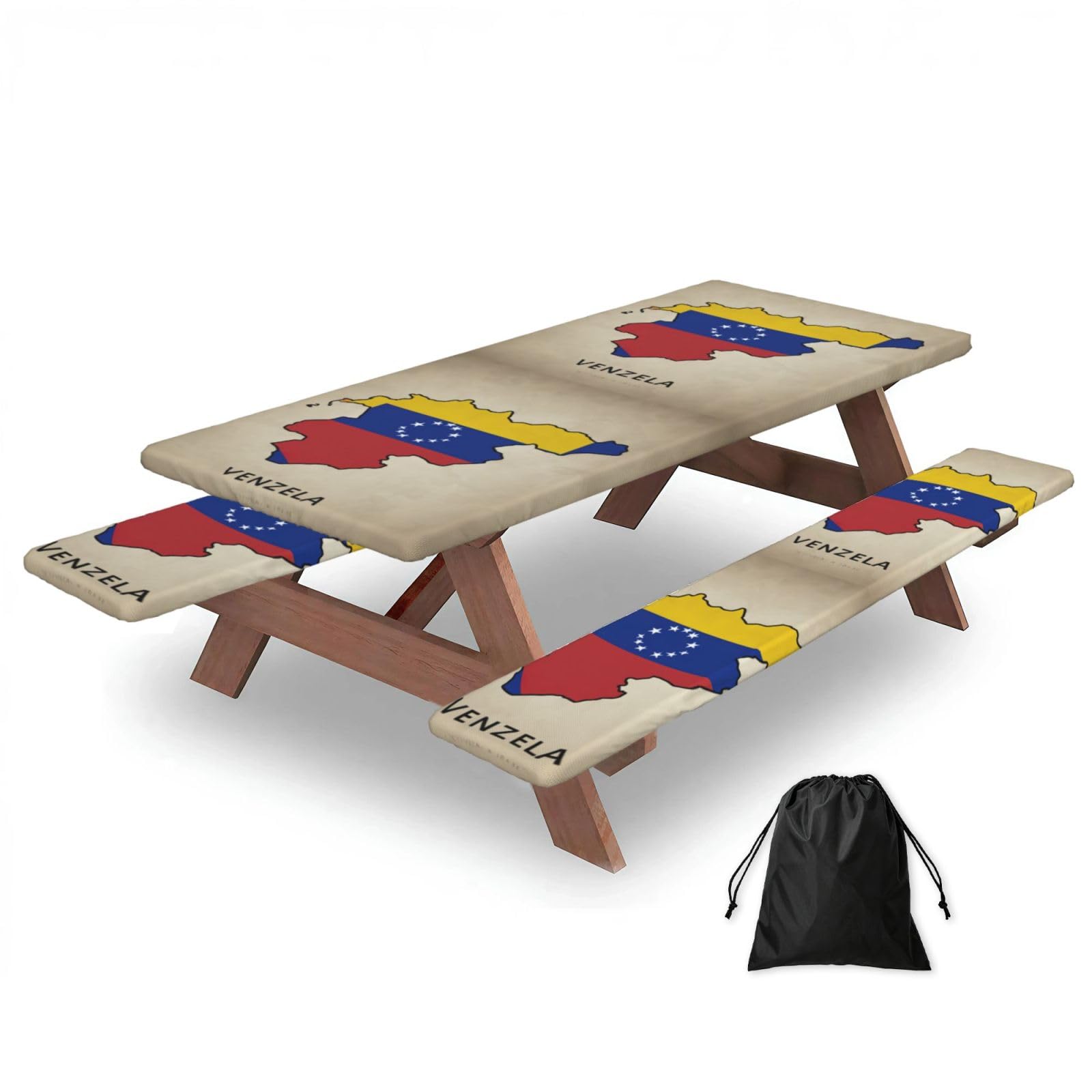 Duwaa Black Venezuela Flag Map02 Print 183Cm Picnic Table Cover With Bench Covers, Waterproof Elastic Tablecloth Set For Outdoor