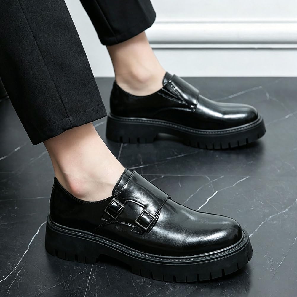 Zapatos de Doble Hebilla para Hombre en Piel PU Mocasines Monk Strap con Suola Gruesa Track, Zapatos de Vestir Casual Elegante para Trabajo Oficina Boda