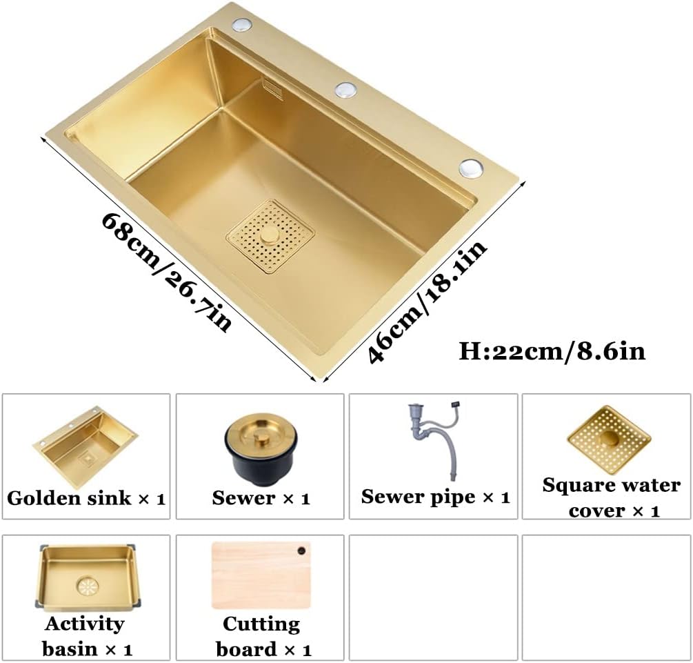 Nano Golden 304 Stainless Steel Large Single, Drop-in Or Undermount Installation, Easy to Clean, Bar Prep,Golden-68x46cm
