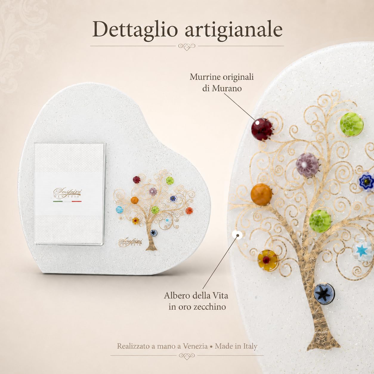 Sospiri Venezia Portafoto Vetro Murano Cornice a Cuore Decorazione Albero della Vita con Murrine Supporto da Scrivania o Tavolo Foto 7x10 cm Idea Regalo Made Italy (19x19 cm)