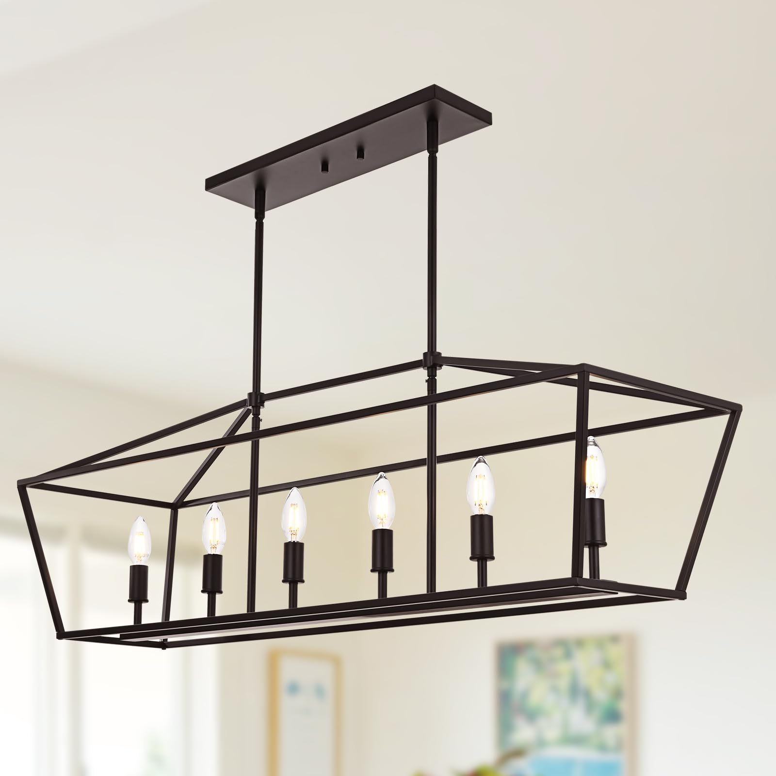 6-Light Kitchen Island Lighting, Farmhouse Dining Room Rectangle Chandelier, Hanging Pendant Light Fixture Over Table for Living Room, Oil Rubbed Bronze &amp; E12 Bulb Base