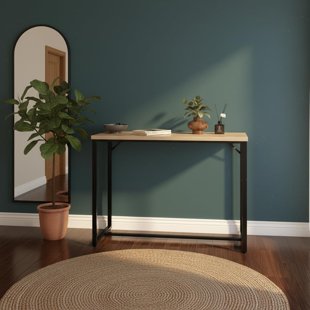 AC Pacific Bali Coastal Modern Narrow Console Table for Entryway, Hallway Decor, and Small Spaces, Compact Living Room Furniture with Natural Wood Top and Black Metal Legs, 39" Long