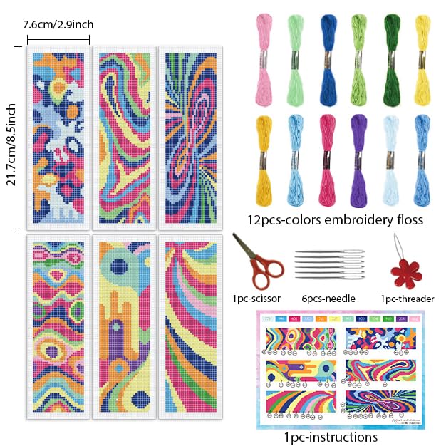 Image of INFUNLY 6pcs Abstract Art DIY Cross Stitch Bookmark Kits for Beginners Creative Colorful Cross Stitch Kit with Instruction Modern Abstract Stamped Embroidery Bookmark Kit for Book Lovers Readers Gift