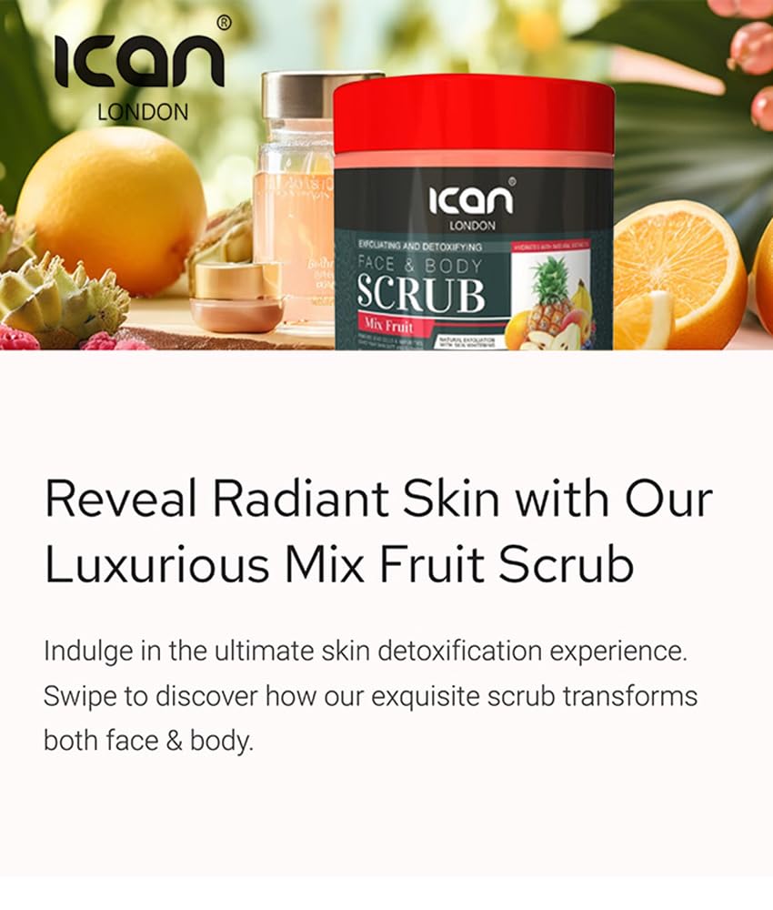 ICan London Mix Fruit Exfoliating and Detoxifying Face and Body Scrub, 500ml, 500 ml (Pack of 1) - Image 2