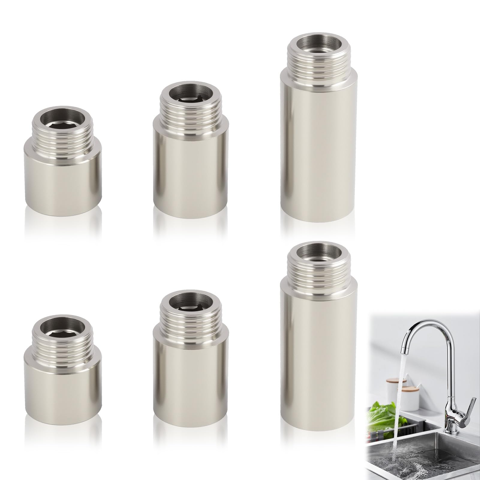 6 Piezas Extensiones de Grifo de 1/2 Pulgada, Racor de Prolongación de Acero Inoxidable, Adaptador de Grifo 1/2, Conector de Aireador de Grifo para Ducha y Tuberías de Agua