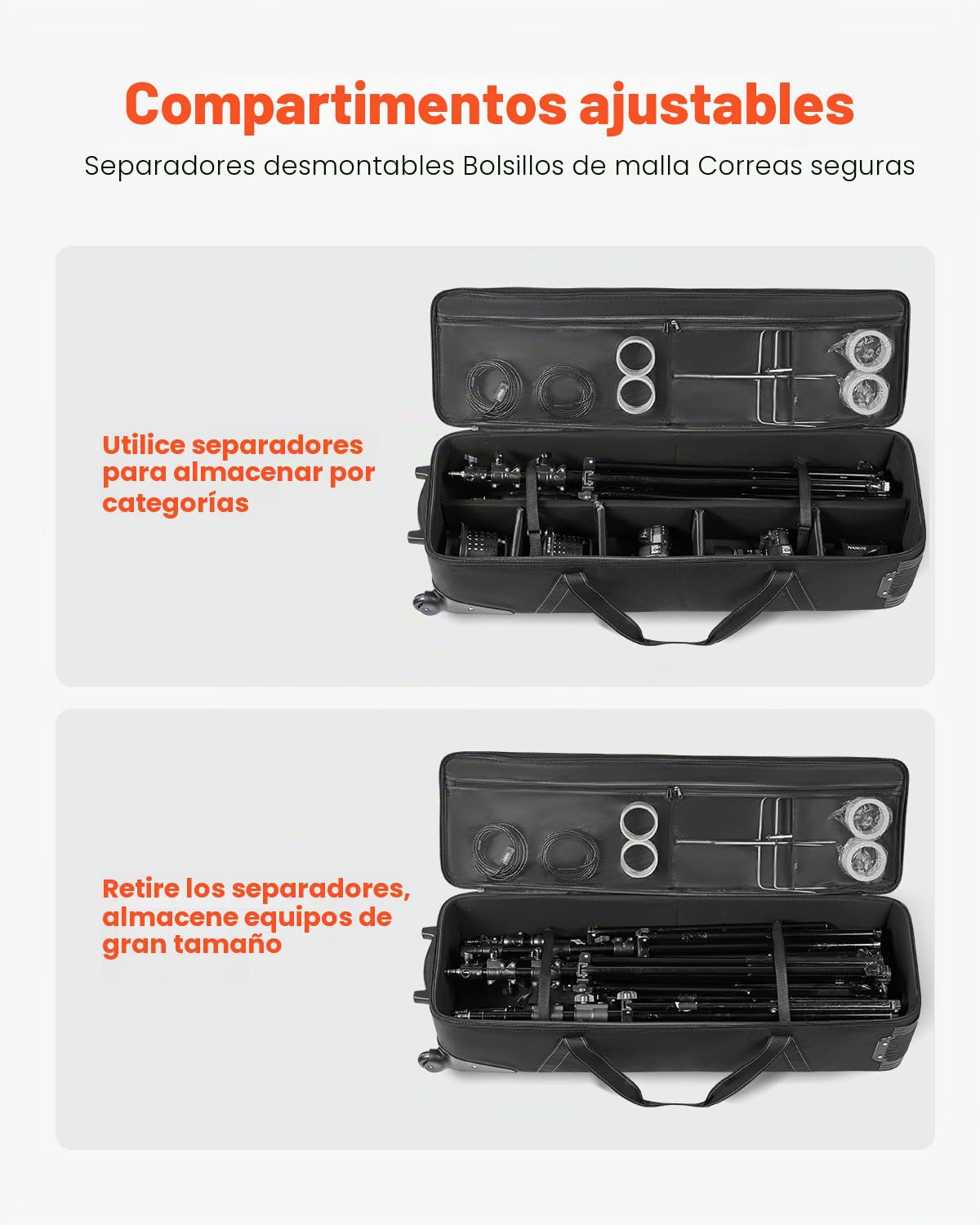 VEVOR Estuche con Ruedas para Equipo de Estudio 118 x 37 x 30 cm, Bolsa con Ruedas para Cámara, Correas, Asa Acolchada en el Compartimento para Soportes de Iluminación, Trípodes y Telescopios, Negro
