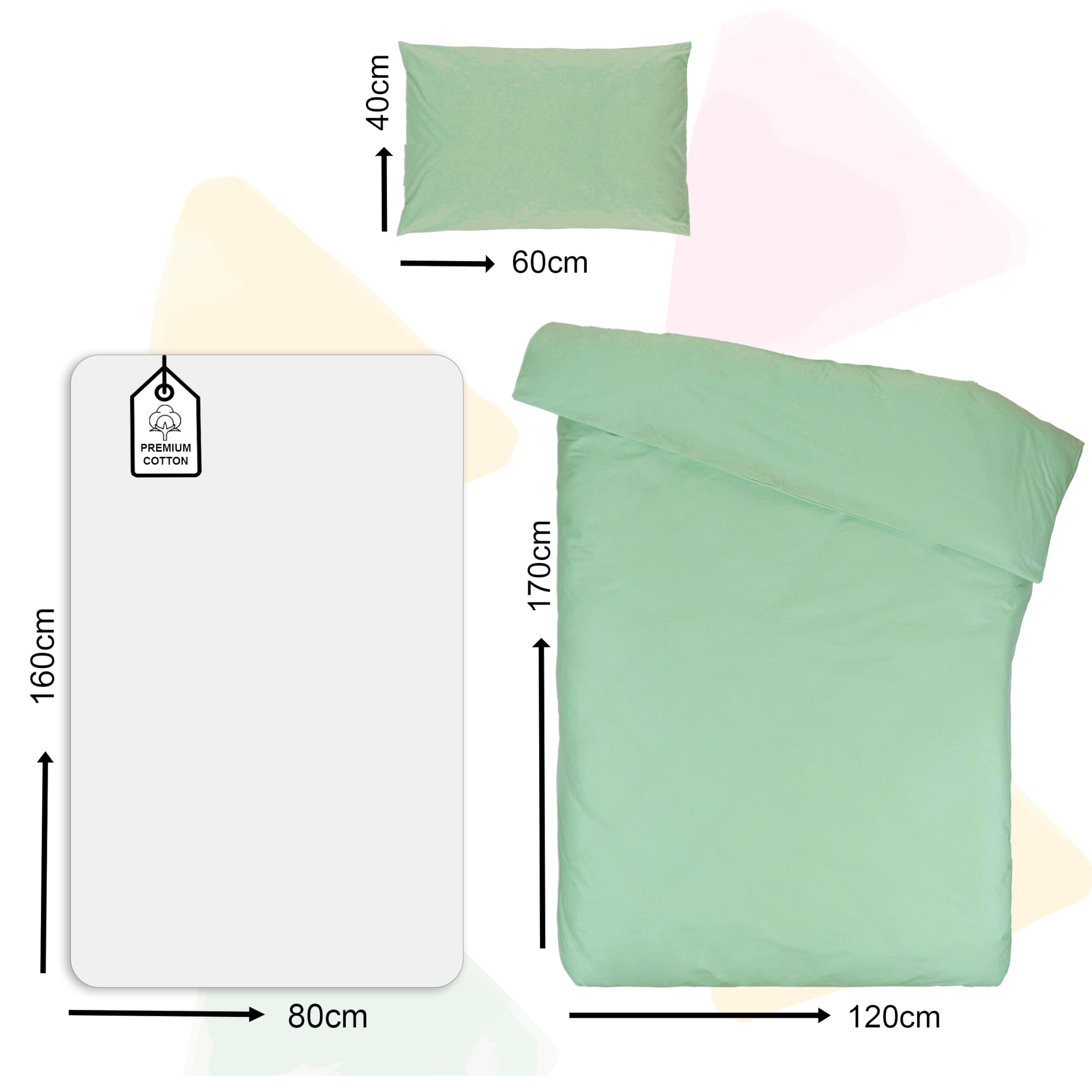 Drap Housse 80x160 (100% Coton) + Housse de Couette 120x170cm + Taie Oreiller Enfant 40x60cm - Parure 100% Coton pour Lit Cabane 80x160 cm (Blanc/Eucalyptus, Parure 80x160 cm (3 pièces))