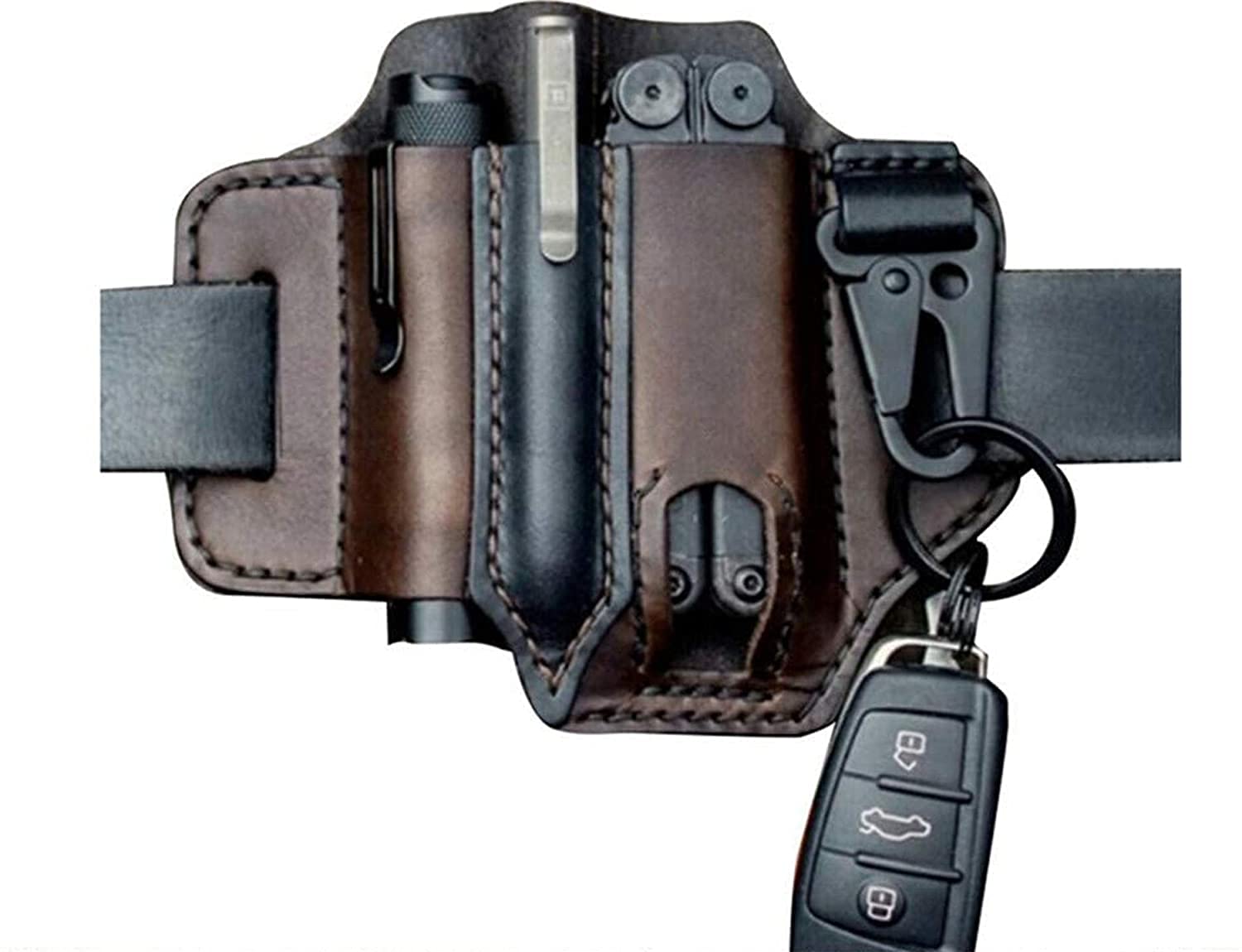 Fawoonu Multitool Sheath for Belt, Leather EDC Pocket Organizer for Men, Leatherman Sheath With Pen Holder, Key Fob, Flashlight Holder, EDC Leather Pouch (Brown)