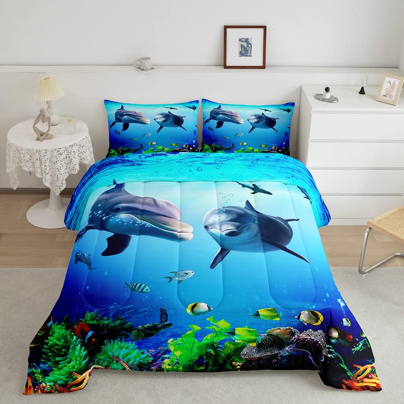 Dolphin Bedding Set Ocean Marine Themed Comforter Set for Kids Boys Girls  Teens Sea Creatures Comforter Breathable Hawaiian Sealife Blue Duvet Set Sea
