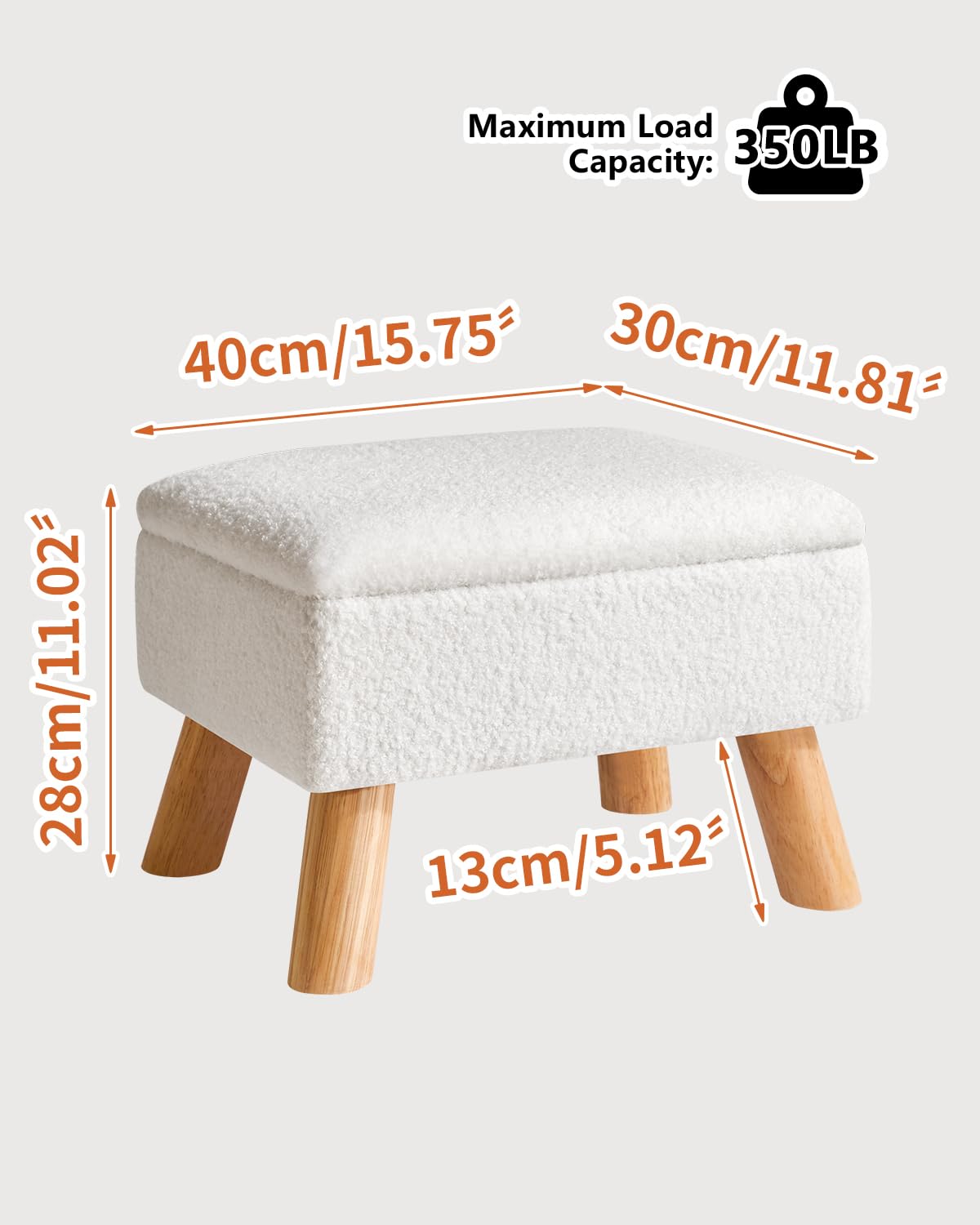 YMYNY Pouf de rangement, repose-pieds avec pieds en bois robustes, repose-pieds avec siège rembourré, pour salon, chambre à coucher, canapé, Enterway - 40 x 30 x 28 cm, blanc HBD042W