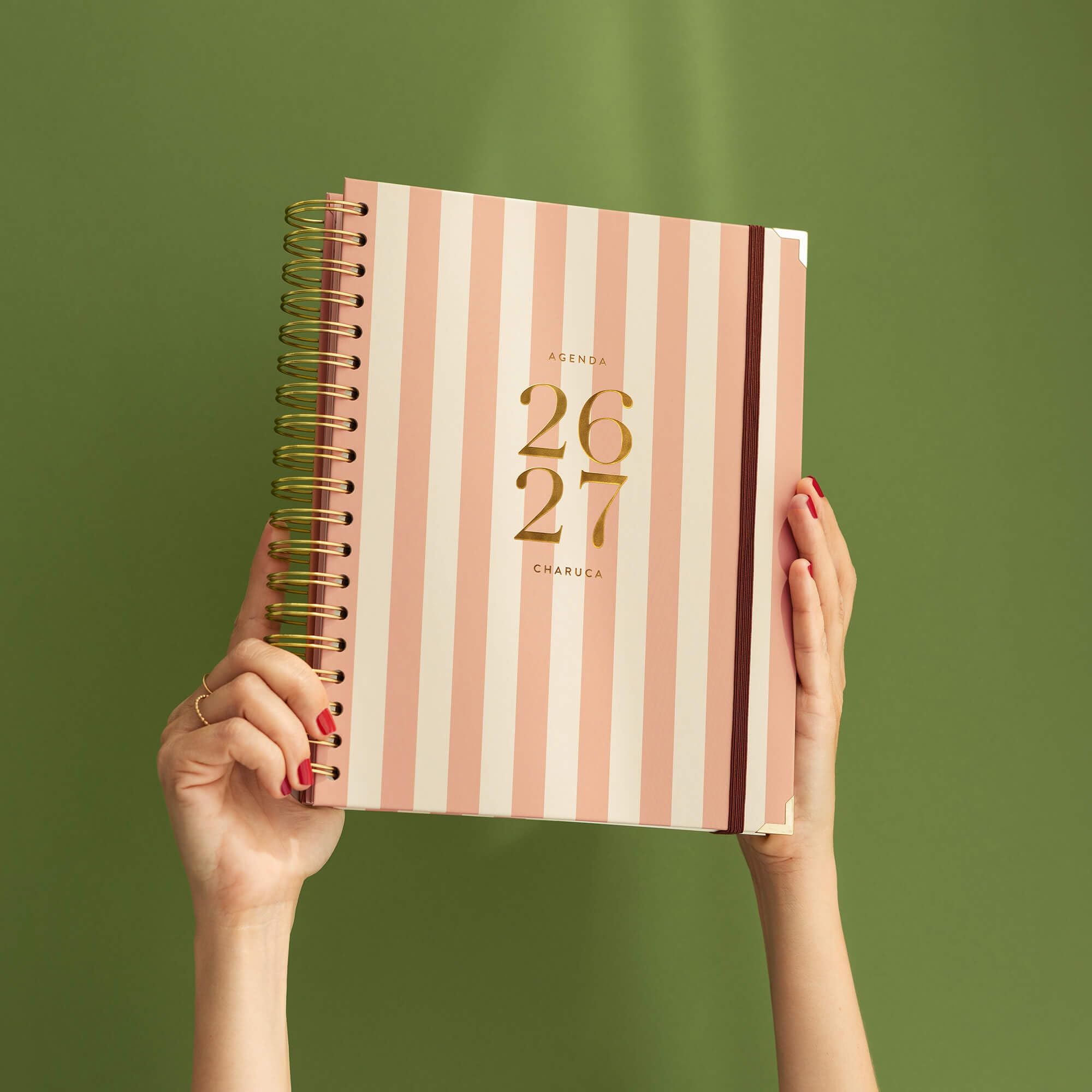 Charuca Akademischer Terminkalender 2026-2027 TAGESANSICHT – Hardcover mit Golddetails, Großes Format – Inklusive schützender Stofftasche und Lesezeichen (Rayas Pink)
