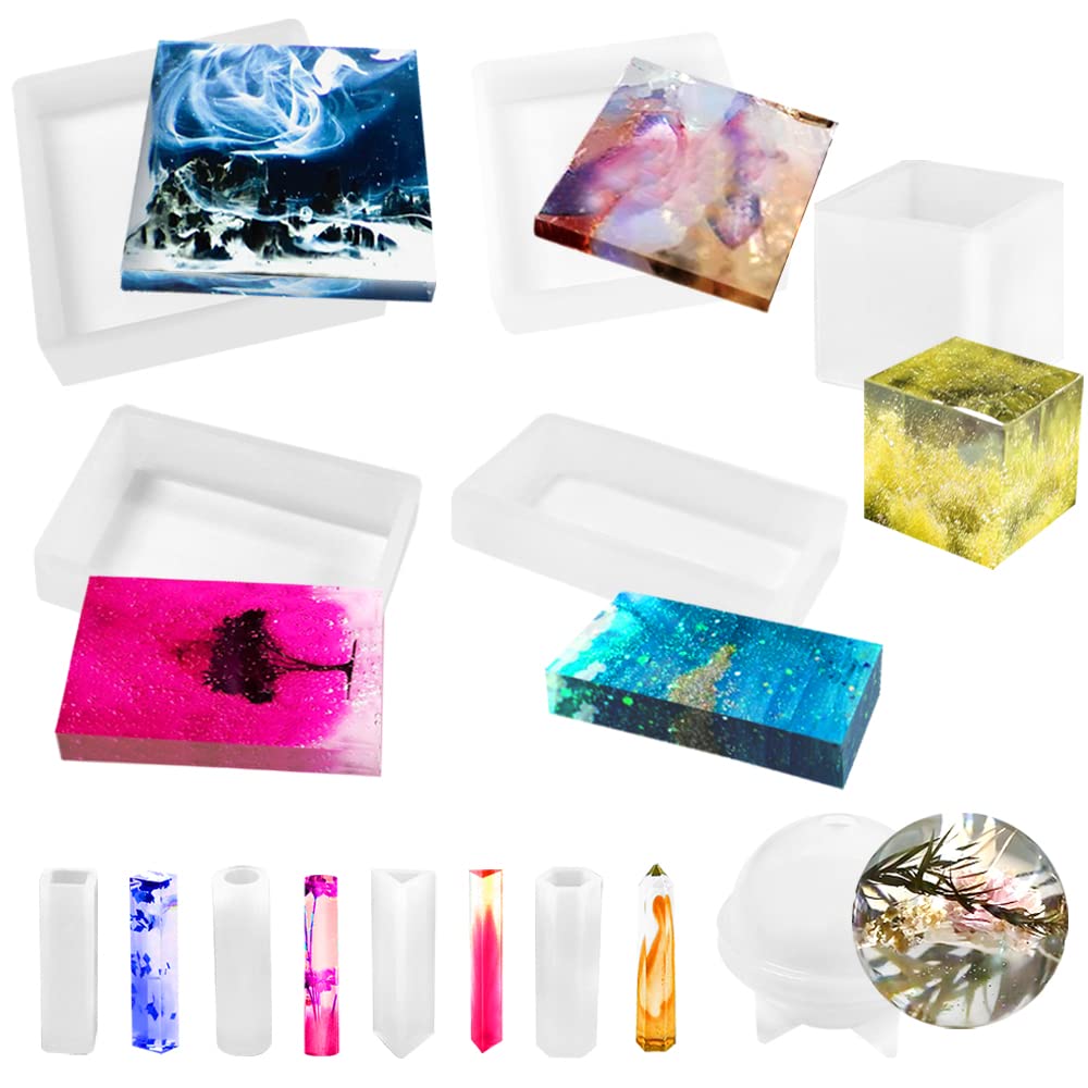 10 Pcs Silicone Resin Molds lyfLux Resin Casting Molds Include Round Sphere, Cube, Square, Rectangle, Cylinder, Cuboid, Prism for Resin Candle Soap Bowl Mat