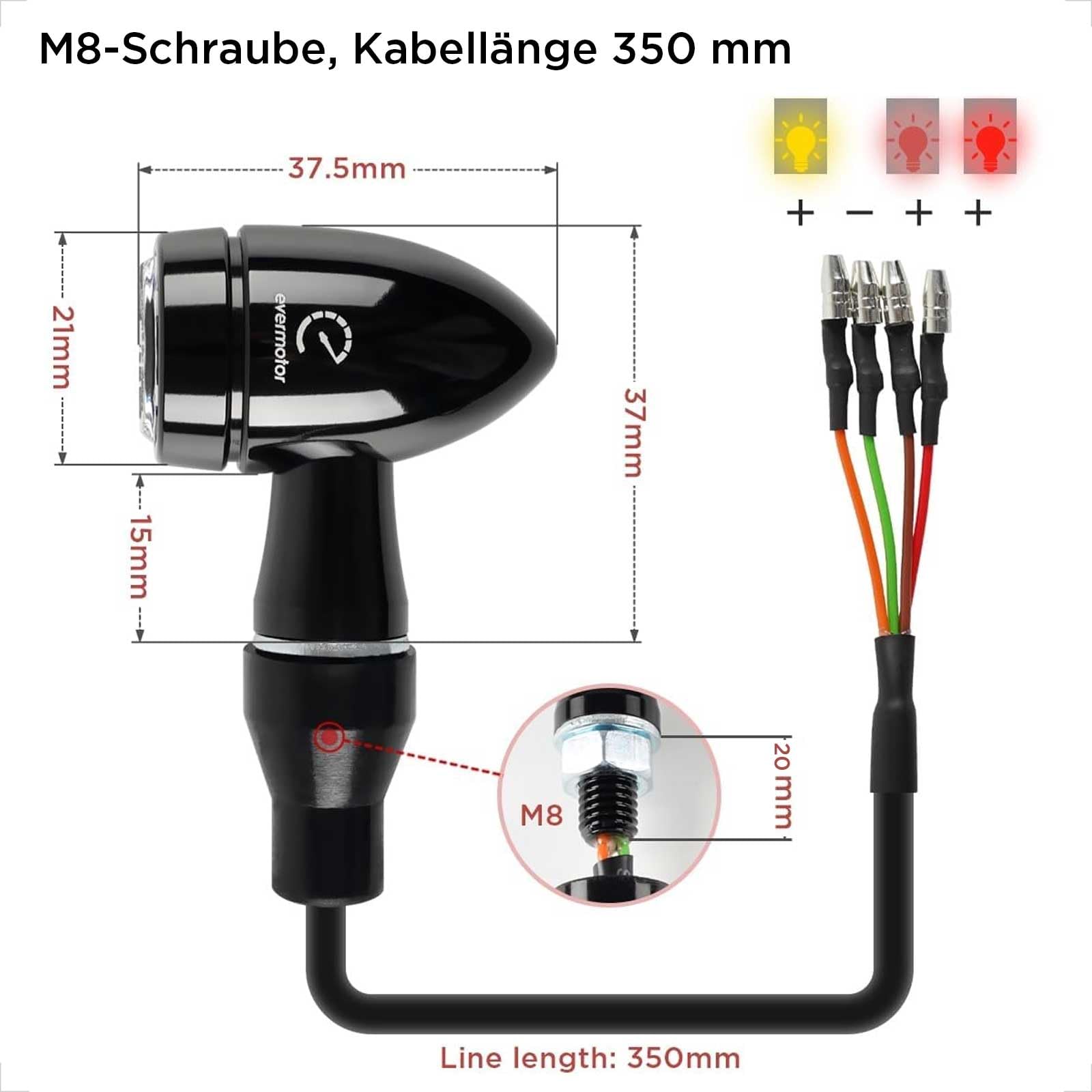 evermotor 3in1 Mini LED Blinker Motorrad E Geprüft, CNC-Verfahre 12V 2 Stück, für e Motorrad Scooter, E32 Universal Blinker Bullet Aluminiumschale, Amber&Rot Sehr Schön Helles Licht