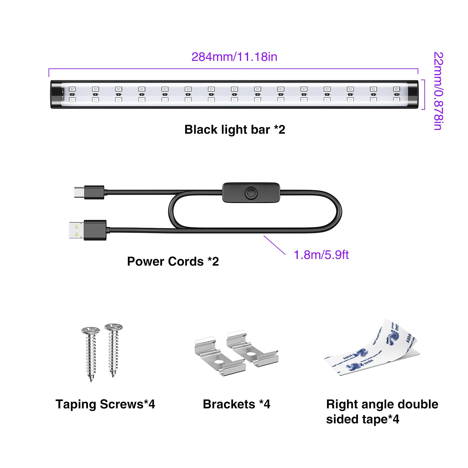 Onforu 10W Schwarzlicht Röhre, USB 28 cm Schwarzlichtlampe, 385-400 nm UV Licht, Schwarzlicht LED UV Bar für Disco, Club, Glow Party, Party Zubehör, Halloween Deko, 2er